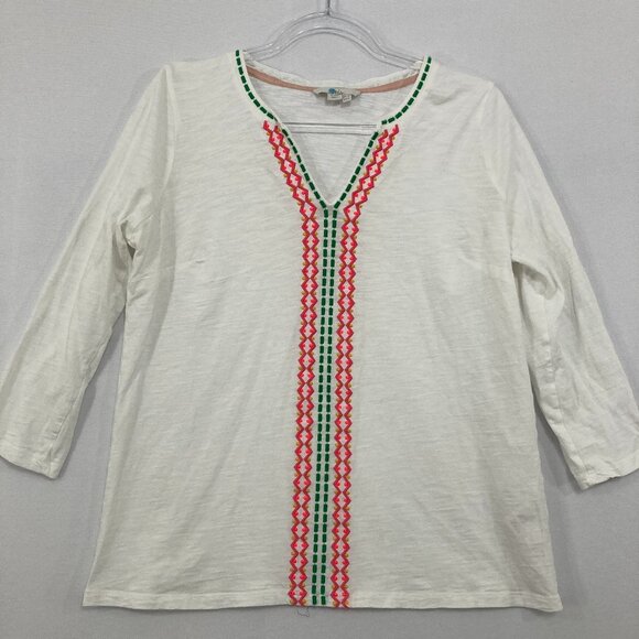 Boden Tops - Boden size 10 White Slub Cotton Stretch Embroidered Boho Pullover Blouse